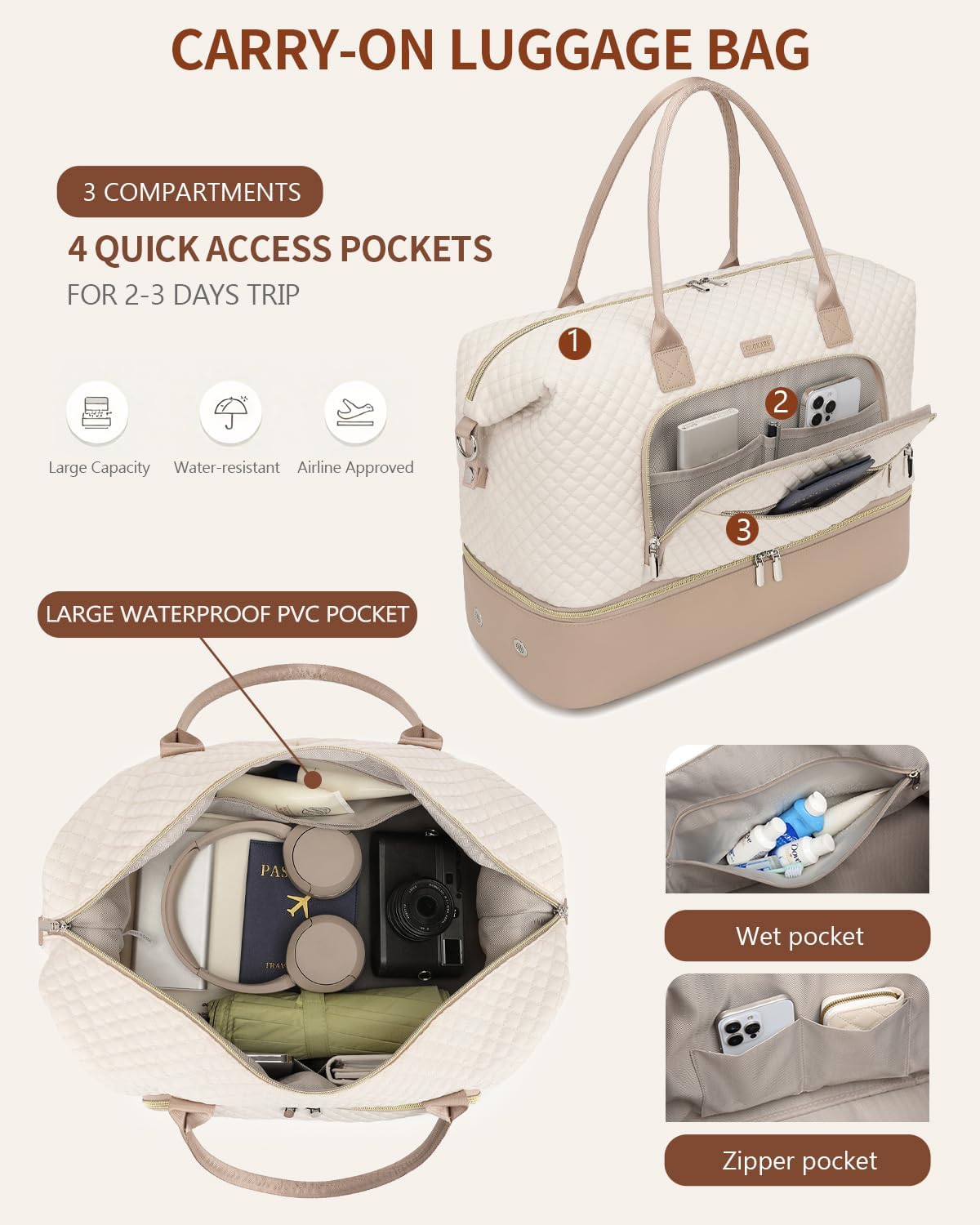 Weekender Bags for Women, Travel Tote Duffle Bag Carry On Overnight Bag with Cosmetics Bag and Crossbody Purse for Gym Hospital, Gifts for Women, Beige Brown