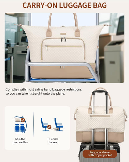 Weekender Bags for Women, Travel Tote Duffle Bag Carry On Overnight Bag with Cosmetics Bag and Crossbody Purse for Gym Hospital, Gifts for Women, Beige Brown