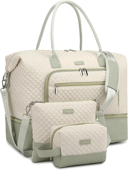 Weekender Bags for Women, Travel Tote Duffle Bag Carry On Overnight Bag with Cosmetics Bag and Crossbody Purse for Gym Hospital, Gifts for Women, Beige Brown