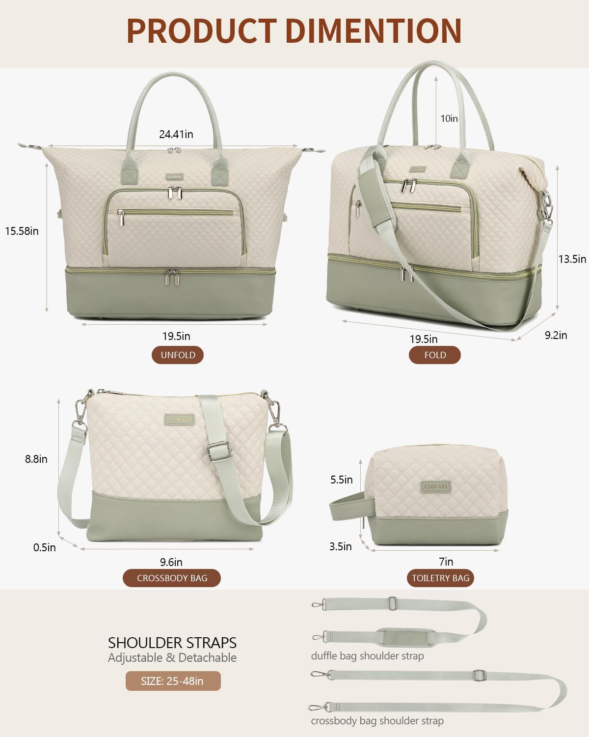 Weekender Bags for Women, Travel Tote Duffle Bag Carry On Overnight Bag with Cosmetics Bag and Crossbody Purse for Gym Hospital, Gifts for Women, Beige Brown