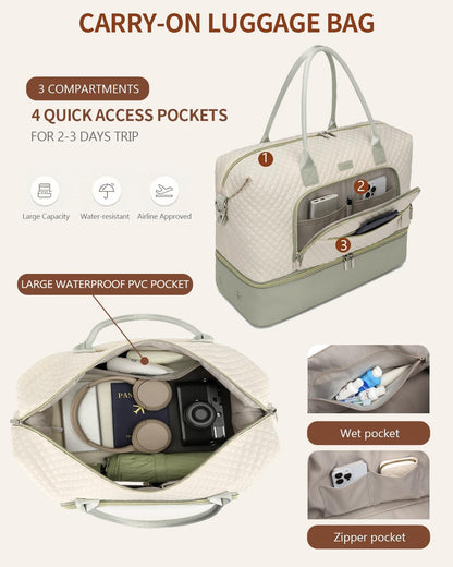 Weekender Bags for Women, Travel Tote Duffle Bag Carry On Overnight Bag with Cosmetics Bag and Crossbody Purse for Gym Hospital, Gifts for Women, Beige Brown