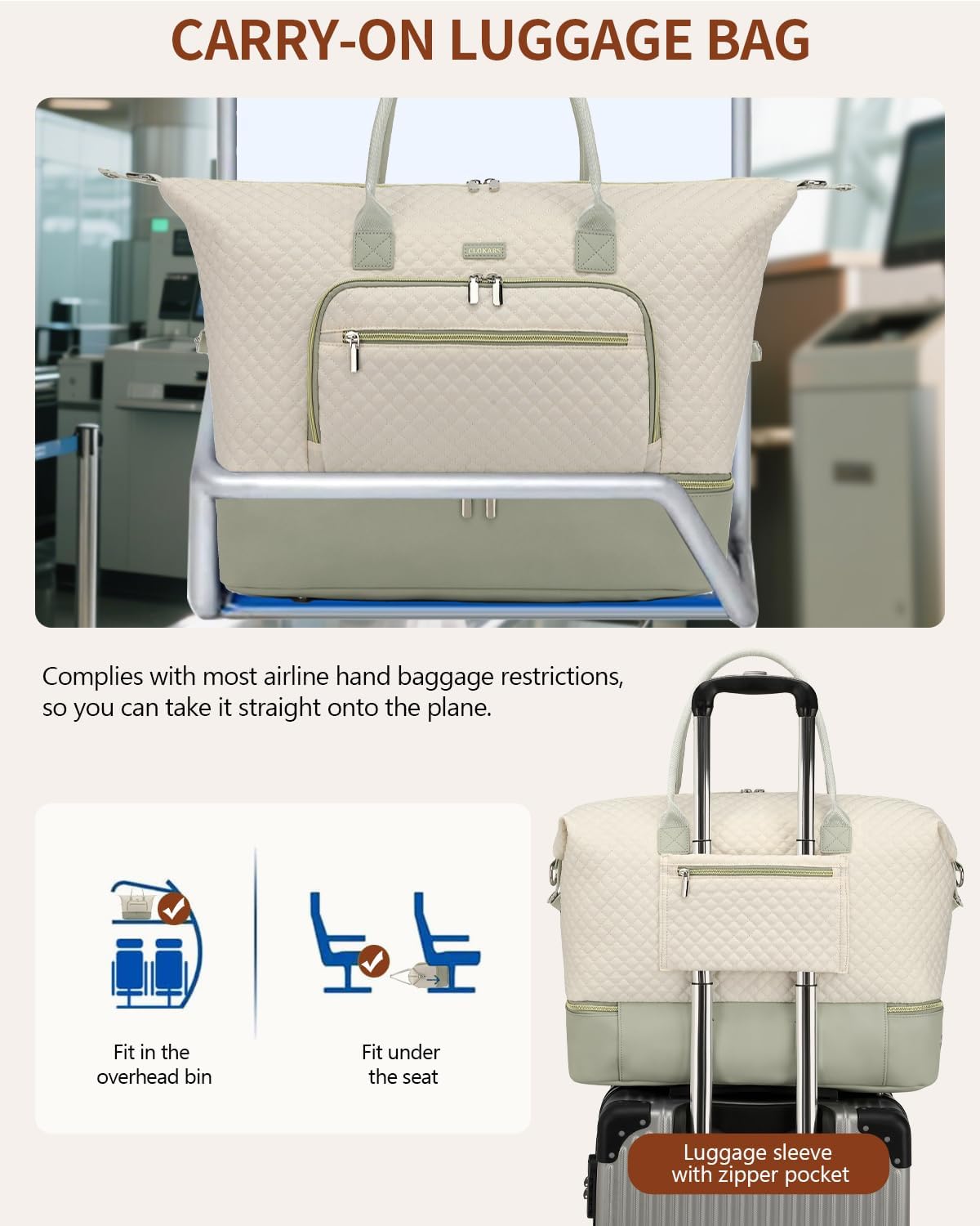 Weekender Bags for Women, Travel Tote Duffle Bag Carry On Overnight Bag with Cosmetics Bag and Crossbody Purse for Gym Hospital, Gifts for Women, Beige Brown