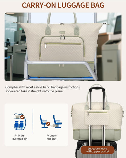 Weekender Bags for Women, Travel Tote Duffle Bag Carry On Overnight Bag with Cosmetics Bag and Crossbody Purse for Gym Hospital, Gifts for Women, Beige Brown