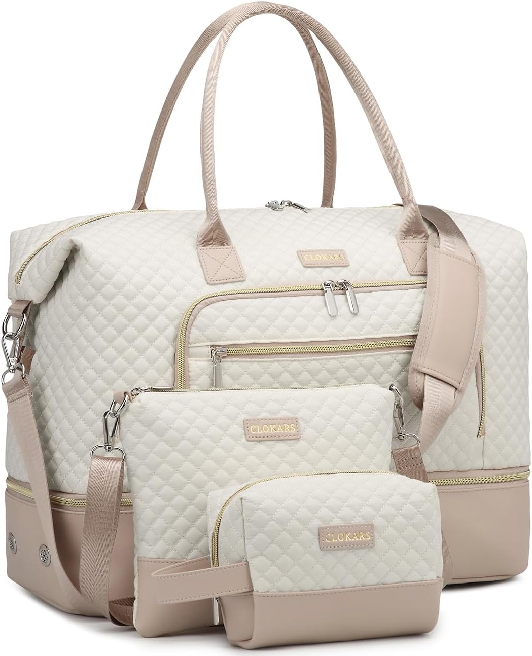 Weekender Bags for Women, Travel Tote Duffle Bag Carry On Overnight Bag with Cosmetics Bag and Crossbody Purse for Gym Hospital, Gifts for Women, Beige Brown