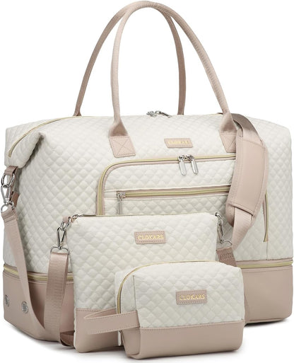 Weekender Bags for Women, Travel Tote Duffle Bag Carry On Overnight Bag with Cosmetics Bag and Crossbody Purse for Gym Hospital, Gifts for Women, Beige Brown