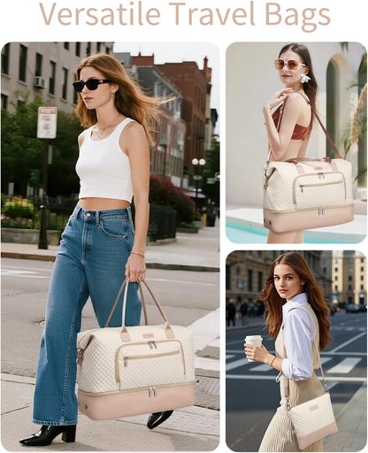 Weekender Bags for Women, Travel Tote Duffle Bag Carry On Overnight Bag with Cosmetics Bag and Crossbody Purse for Gym Hospital, Gifts for Women, Beige Brown