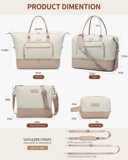 Weekender Bags for Women, Travel Tote Duffle Bag Carry On Overnight Bag with Cosmetics Bag and Crossbody Purse for Gym Hospital, Gifts for Women, Beige Brown