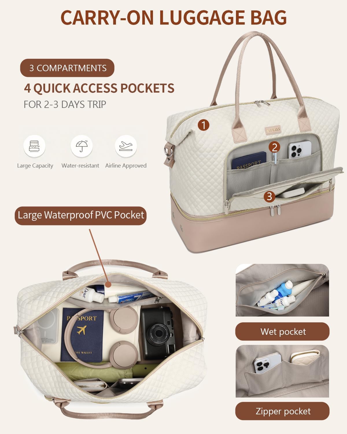 Weekender Bags for Women, Travel Tote Duffle Bag Carry On Overnight Bag with Cosmetics Bag and Crossbody Purse for Gym Hospital, Gifts for Women, Beige Brown
