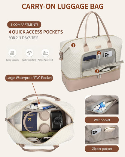 Weekender Bags for Women, Travel Tote Duffle Bag Carry On Overnight Bag with Cosmetics Bag and Crossbody Purse for Gym Hospital, Gifts for Women, Beige Brown