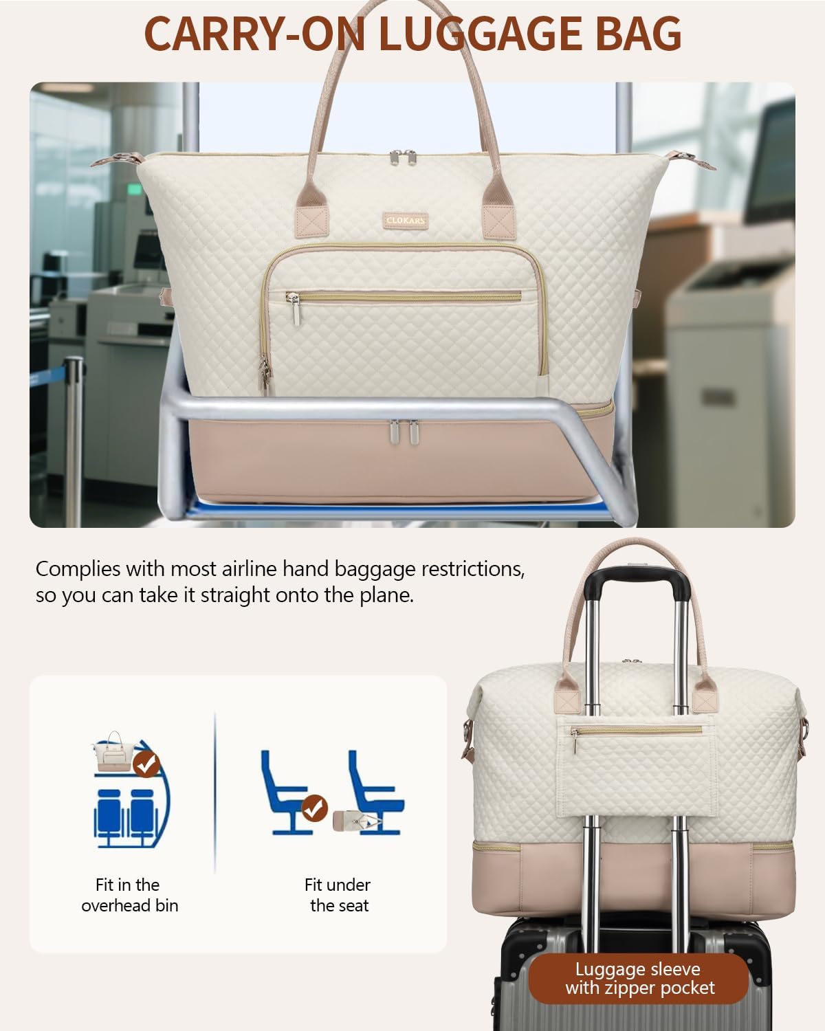 Weekender Bags for Women, Travel Tote Duffle Bag Carry On Overnight Bag with Cosmetics Bag and Crossbody Purse for Gym Hospital, Gifts for Women, Beige Brown