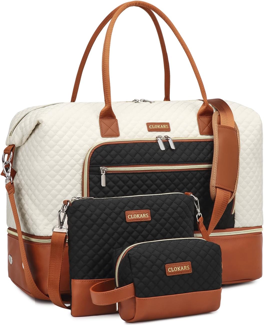 Weekender Bags for Women, Travel Tote Duffle Bag Carry On Overnight Bag with Cosmetics Bag and Crossbody Purse for Gym Hospital, Gifts for Women, Beige Brown