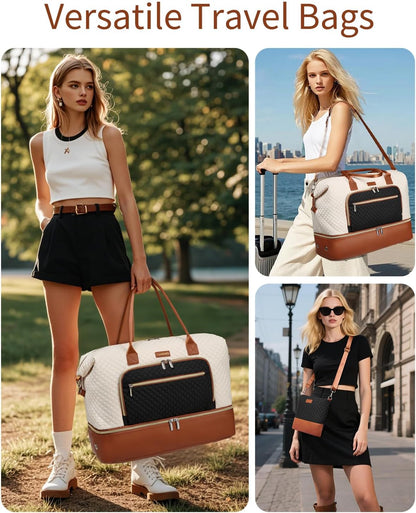 Weekender Bags for Women, Travel Tote Duffle Bag Carry On Overnight Bag with Cosmetics Bag and Crossbody Purse for Gym Hospital, Gifts for Women, Beige Brown