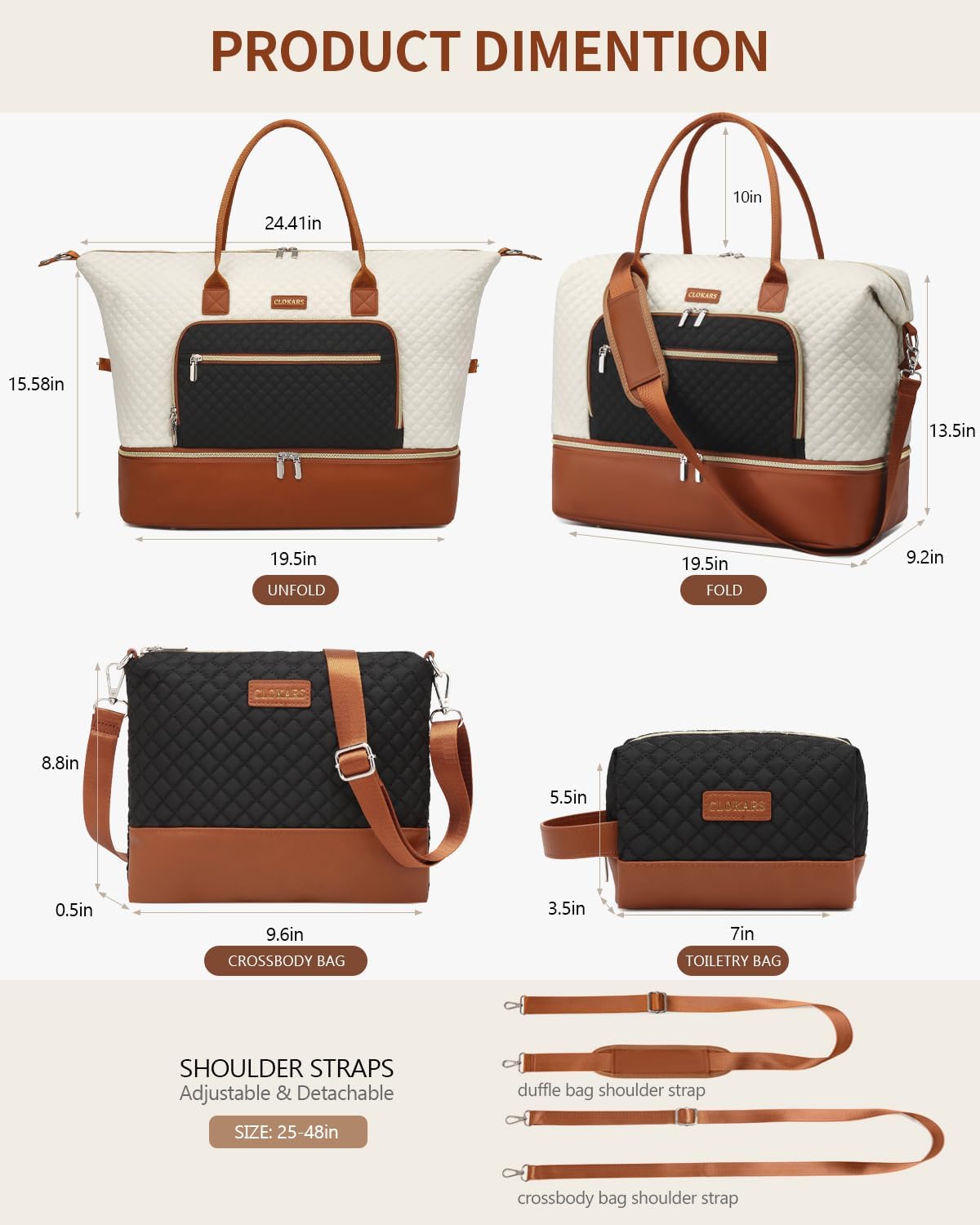 Weekender Bags for Women, Travel Tote Duffle Bag Carry On Overnight Bag with Cosmetics Bag and Crossbody Purse for Gym Hospital, Gifts for Women, Beige Brown