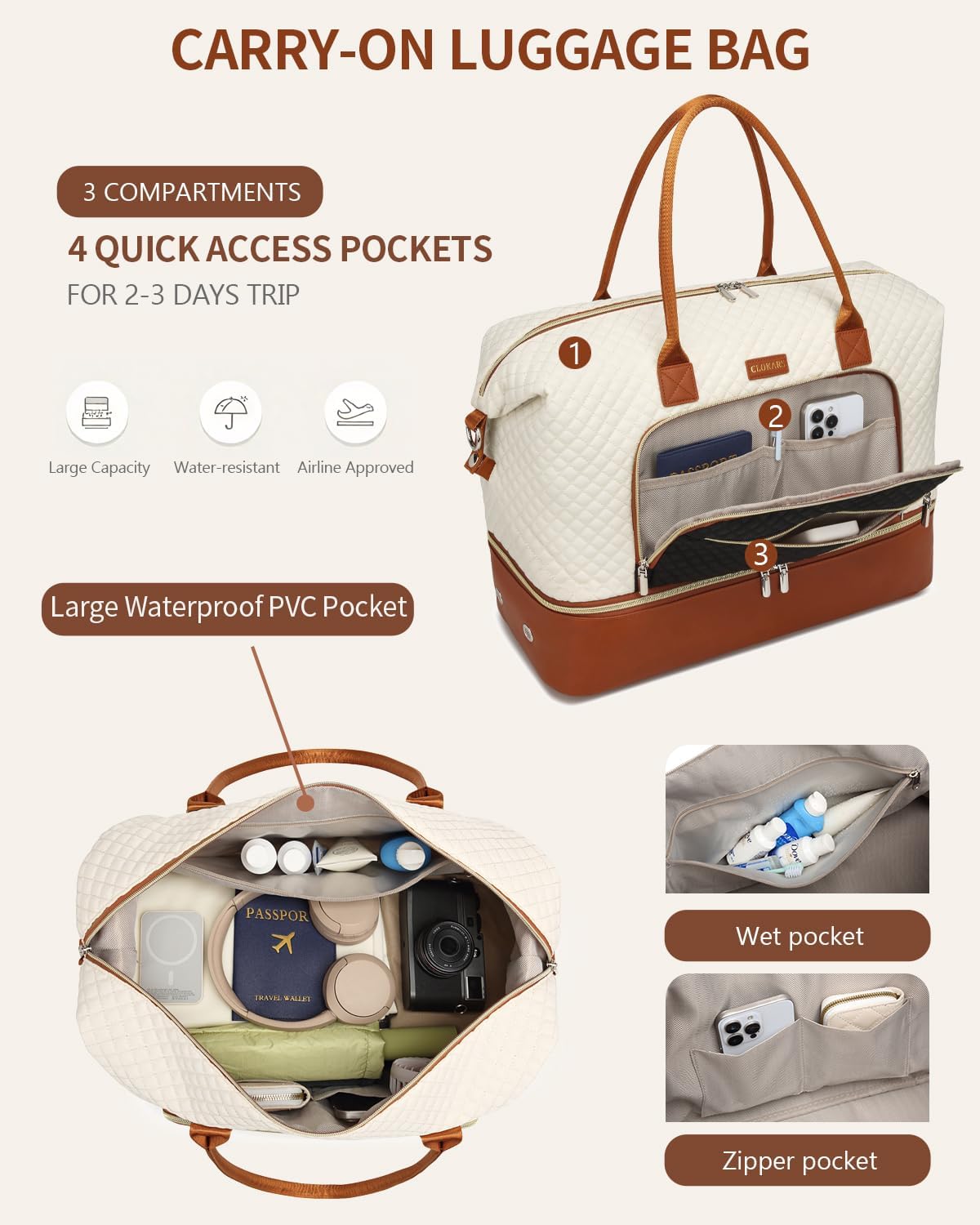 Weekender Bags for Women, Travel Tote Duffle Bag Carry On Overnight Bag with Cosmetics Bag and Crossbody Purse for Gym Hospital, Gifts for Women, Beige Brown