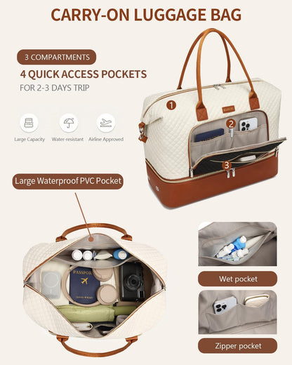 Weekender Bags for Women, Travel Tote Duffle Bag Carry On Overnight Bag with Cosmetics Bag and Crossbody Purse for Gym Hospital, Gifts for Women, Beige Brown