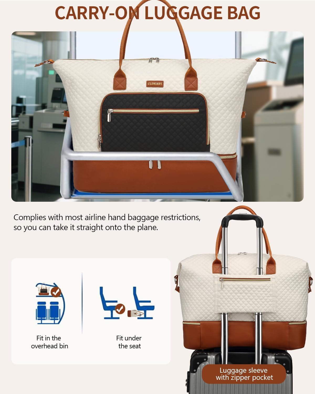 Weekender Bags for Women, Travel Tote Duffle Bag Carry On Overnight Bag with Cosmetics Bag and Crossbody Purse for Gym Hospital, Gifts for Women, Beige Brown
