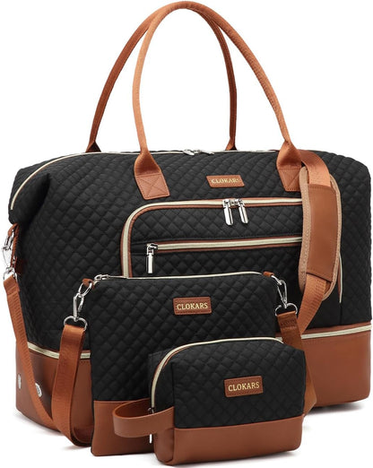 Weekender Bags for Women, Travel Tote Duffle Bag Carry On Overnight Bag with Cosmetics Bag and Crossbody Purse for Gym Hospital, Gifts for Women, Beige Brown