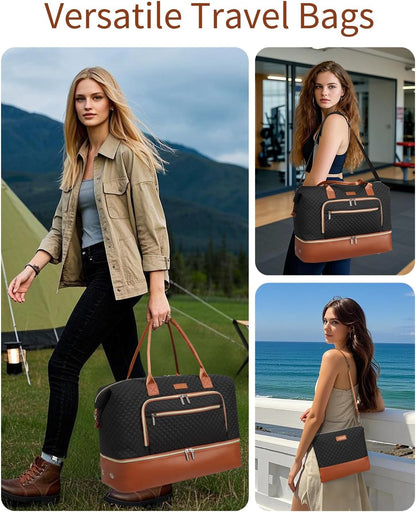 Weekender Bags for Women, Travel Tote Duffle Bag Carry On Overnight Bag with Cosmetics Bag and Crossbody Purse for Gym Hospital, Gifts for Women, Beige Brown