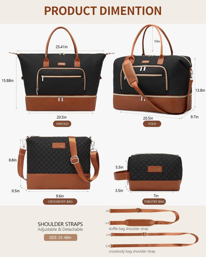 Weekender Bags for Women, Travel Tote Duffle Bag Carry On Overnight Bag with Cosmetics Bag and Crossbody Purse for Gym Hospital, Gifts for Women, Beige Brown