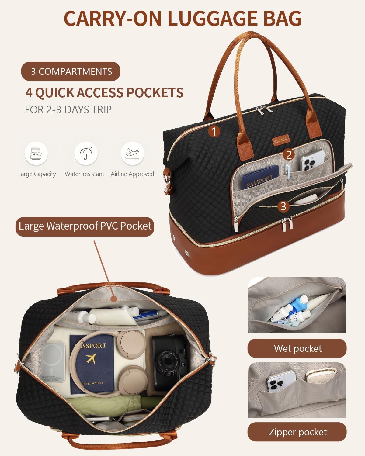Weekender Bags for Women, Travel Tote Duffle Bag Carry On Overnight Bag with Cosmetics Bag and Crossbody Purse for Gym Hospital, Gifts for Women, Beige Brown
