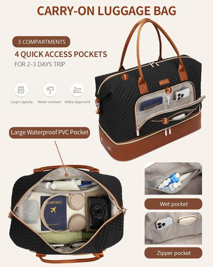 Weekender Bags for Women, Travel Tote Duffle Bag Carry On Overnight Bag with Cosmetics Bag and Crossbody Purse for Gym Hospital, Gifts for Women, Beige Brown