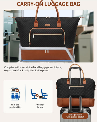 Weekender Bags for Women, Travel Tote Duffle Bag Carry On Overnight Bag with Cosmetics Bag and Crossbody Purse for Gym Hospital, Gifts for Women, Beige Brown