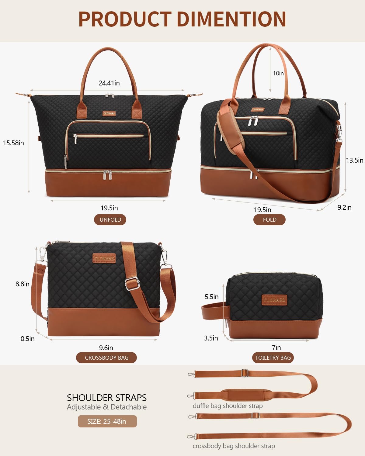 Weekender Bags for Women, Travel Tote Duffle Bag Carry On Overnight Bag with Cosmetics Bag and Crossbody Purse for Gym Hospital, Gifts for Women, Beige Brown