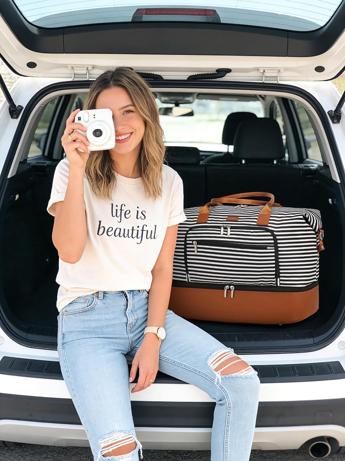 Weekender Bags for Women, Travel Tote Duffle Bag Carry On Overnight Bag with Cosmetics Bag and Crossbody Purse for Gym Hospital, Gifts for Women, Beige Brown