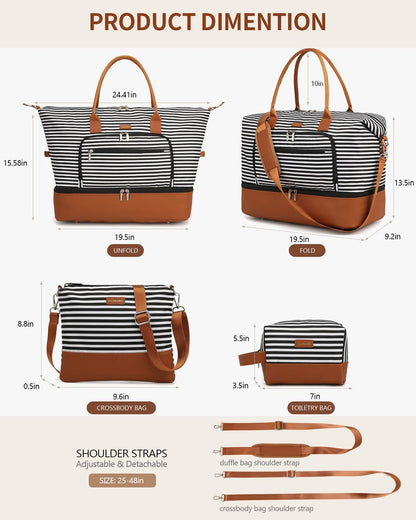 Weekender Bags for Women, Travel Tote Duffle Bag Carry On Overnight Bag with Cosmetics Bag and Crossbody Purse for Gym Hospital, Gifts for Women, Beige Brown