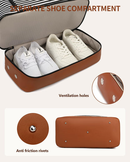 Weekender Bags for Women, Travel Tote Duffle Bag Carry On Overnight Bag with Cosmetics Bag and Crossbody Purse for Gym Hospital, Gifts for Women, Beige Brown
