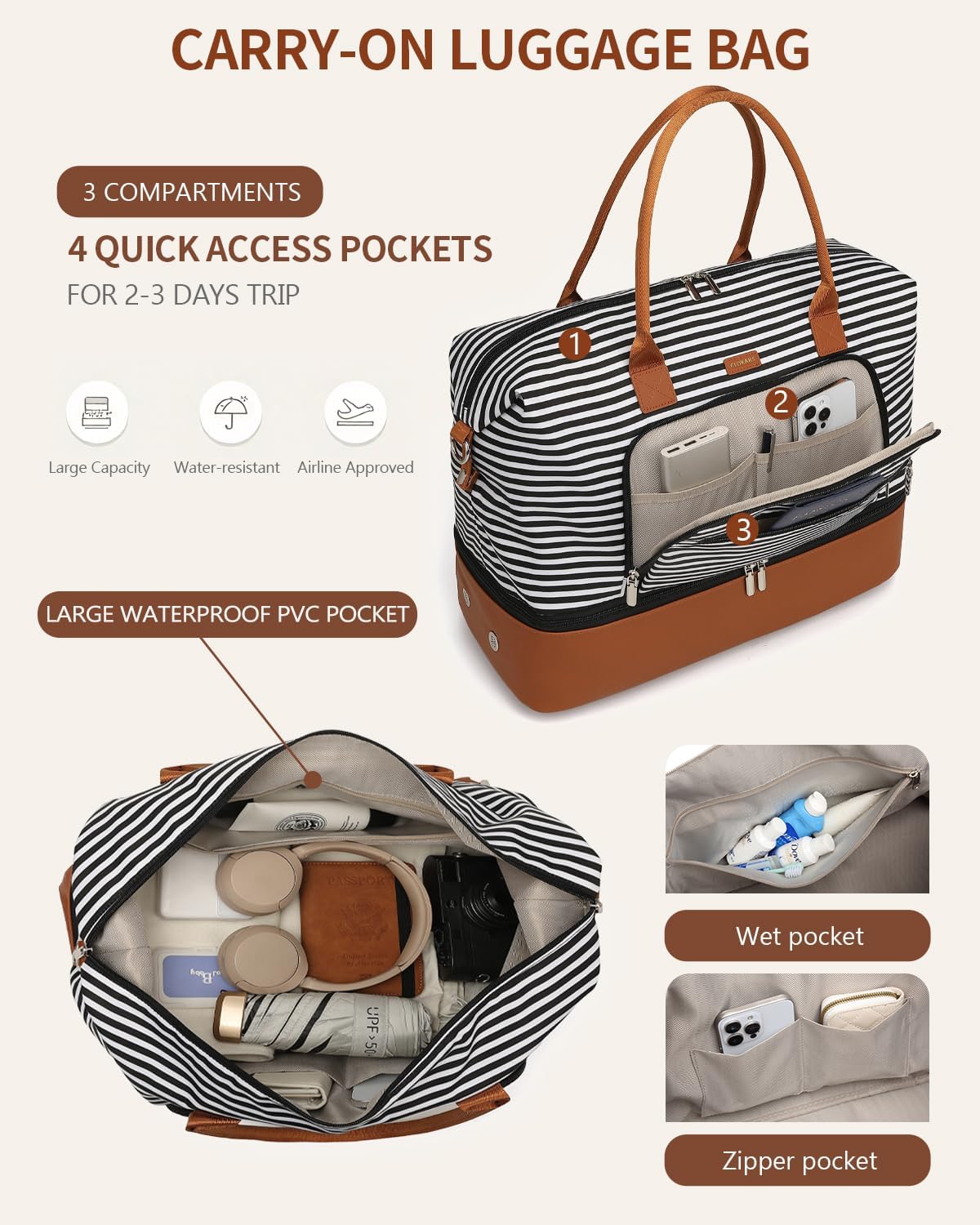 Weekender Bags for Women, Travel Tote Duffle Bag Carry On Overnight Bag with Cosmetics Bag and Crossbody Purse for Gym Hospital, Gifts for Women, Beige Brown