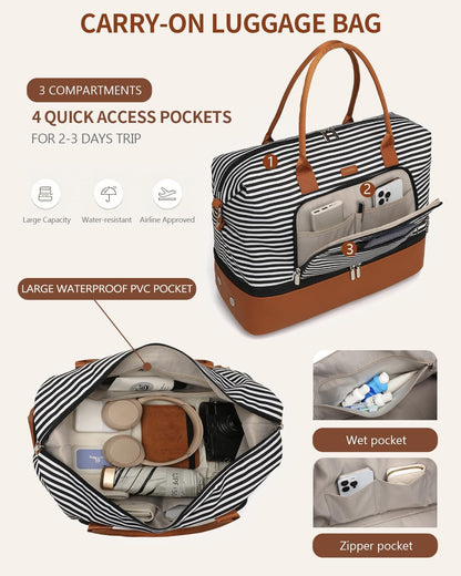 Weekender Bags for Women, Travel Tote Duffle Bag Carry On Overnight Bag with Cosmetics Bag and Crossbody Purse for Gym Hospital, Gifts for Women, Beige Brown
