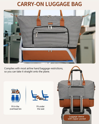 Weekender Bags for Women, Travel Tote Duffle Bag Carry On Overnight Bag with Cosmetics Bag and Crossbody Purse for Gym Hospital, Gifts for Women, Beige Brown