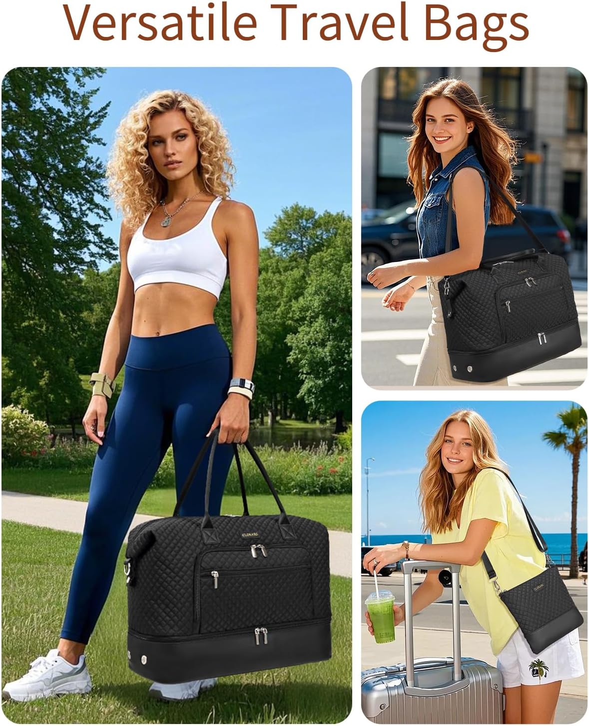 Weekender Bags for Women, Travel Tote Duffle Bag Carry On Overnight Bag with Cosmetics Bag and Crossbody Purse for Gym Hospital, Gifts for Women, Beige Brown