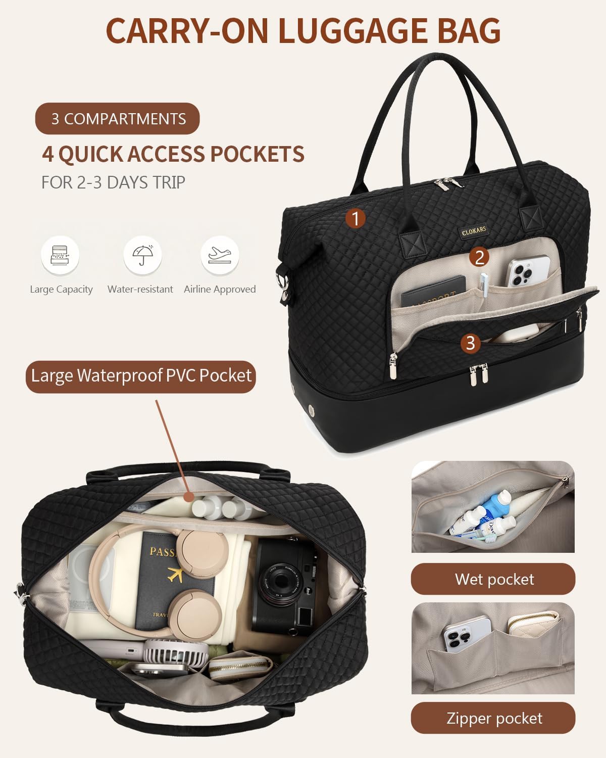 Weekender Bags for Women, Travel Tote Duffle Bag Carry On Overnight Bag with Cosmetics Bag and Crossbody Purse for Gym Hospital, Gifts for Women, Beige Brown