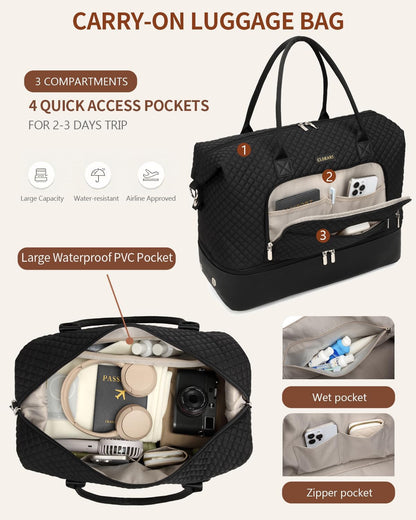 Weekender Bags for Women, Travel Tote Duffle Bag Carry On Overnight Bag with Cosmetics Bag and Crossbody Purse for Gym Hospital, Gifts for Women, Beige Brown