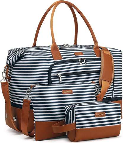 Weekender Bags for Women, Travel Tote Duffle Bag Carry On Overnight Bag with Cosmetics Bag and Crossbody Purse for Gym Hospital, Gifts for Women, Beige Brown
