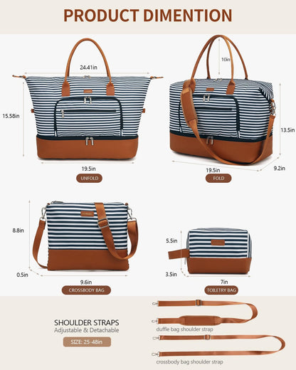 Weekender Bags for Women, Travel Tote Duffle Bag Carry On Overnight Bag with Cosmetics Bag and Crossbody Purse for Gym Hospital, Gifts for Women, Beige Brown