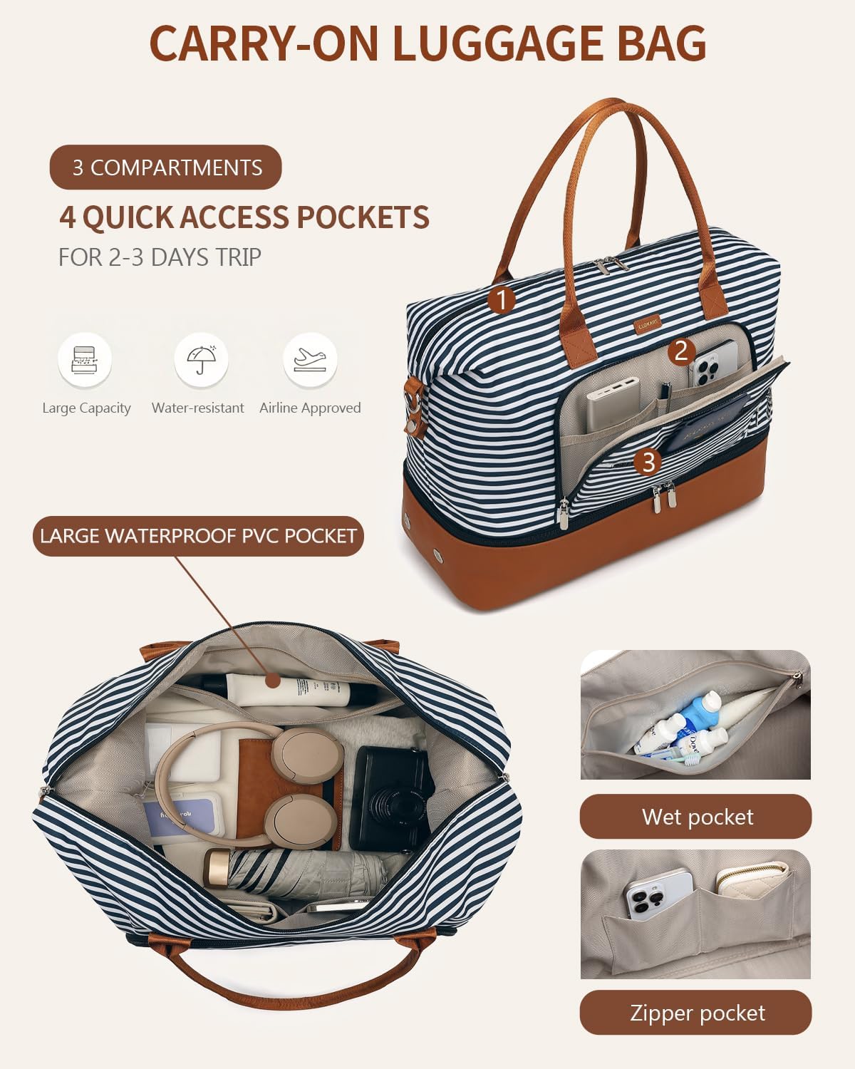 Weekender Bags for Women, Travel Tote Duffle Bag Carry On Overnight Bag with Cosmetics Bag and Crossbody Purse for Gym Hospital, Gifts for Women, Beige Brown