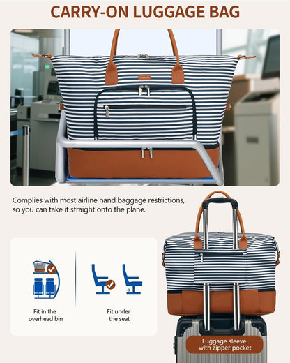 Weekender Bags for Women, Travel Tote Duffle Bag Carry On Overnight Bag with Cosmetics Bag and Crossbody Purse for Gym Hospital, Gifts for Women, Beige Brown