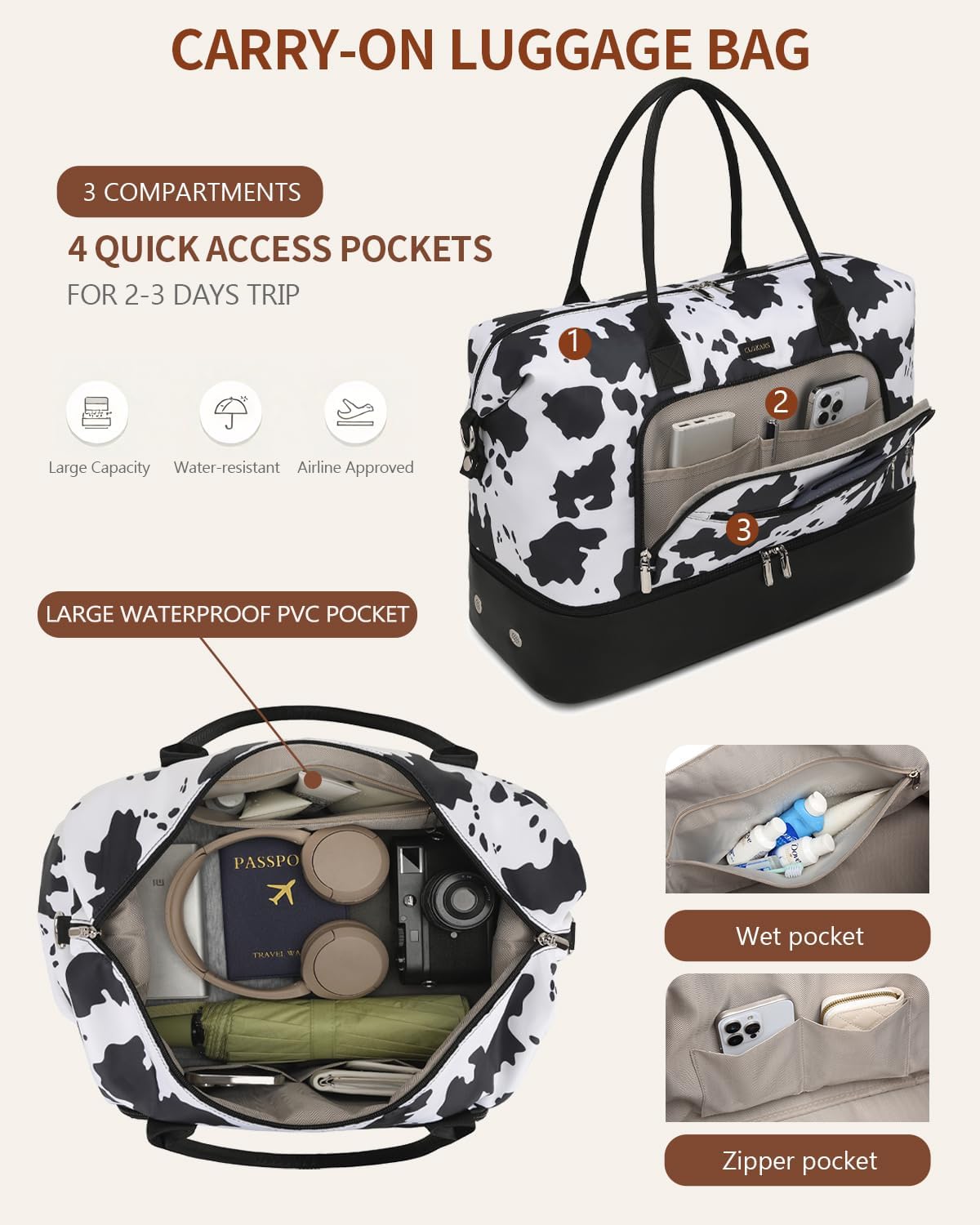 Weekender Bags for Women, Travel Tote Duffle Bag Carry On Overnight Bag with Cosmetics Bag and Crossbody Purse for Gym Hospital, Gifts for Women, Beige Brown
