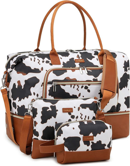 Weekender Bags for Women, Travel Tote Duffle Bag Carry On Overnight Bag with Cosmetics Bag and Crossbody Purse for Gym Hospital, Gifts for Women, Beige Brown