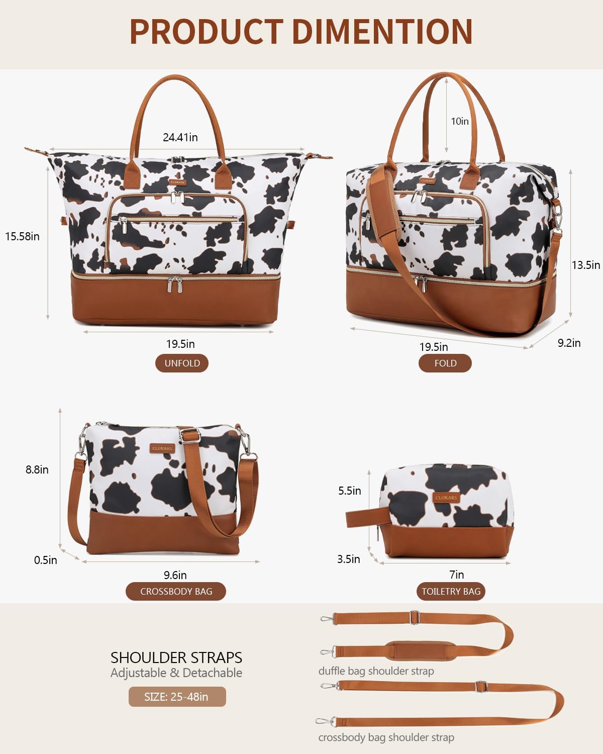 Weekender Bags for Women, Travel Tote Duffle Bag Carry On Overnight Bag with Cosmetics Bag and Crossbody Purse for Gym Hospital, Gifts for Women, Beige Brown