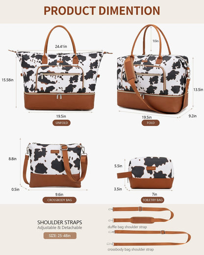 Weekender Bags for Women, Travel Tote Duffle Bag Carry On Overnight Bag with Cosmetics Bag and Crossbody Purse for Gym Hospital, Gifts for Women, Beige Brown