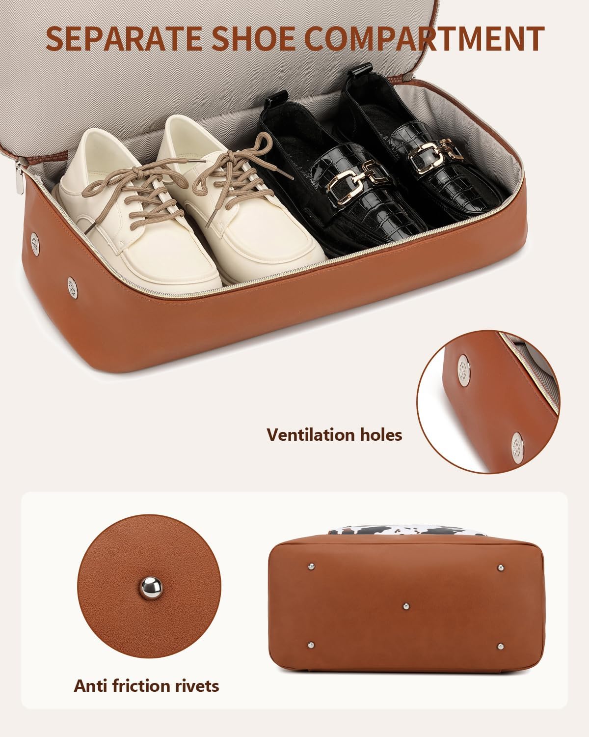Weekender Bags for Women, Travel Tote Duffle Bag Carry On Overnight Bag with Cosmetics Bag and Crossbody Purse for Gym Hospital, Gifts for Women, Beige Brown