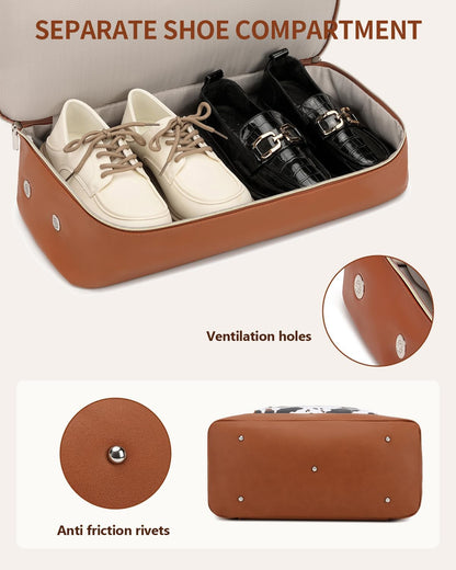 Weekender Bags for Women, Travel Tote Duffle Bag Carry On Overnight Bag with Cosmetics Bag and Crossbody Purse for Gym Hospital, Gifts for Women, Beige Brown
