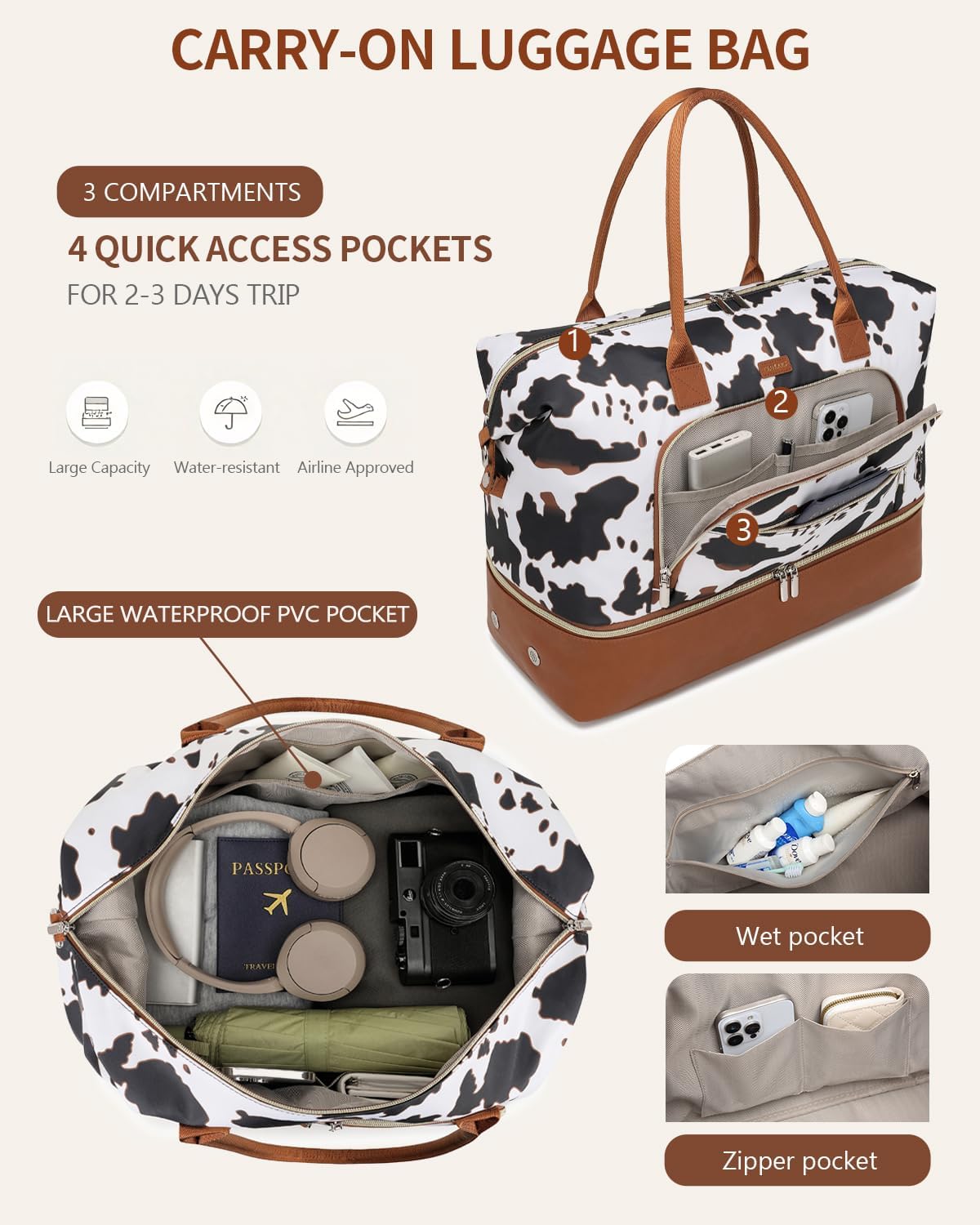 Weekender Bags for Women, Travel Tote Duffle Bag Carry On Overnight Bag with Cosmetics Bag and Crossbody Purse for Gym Hospital, Gifts for Women, Beige Brown