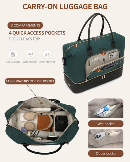 Weekender Bags for Women, Travel Tote Duffle Bag Carry On Overnight Bag with Cosmetics Bag and Crossbody Purse for Gym Hospital, Gifts for Women, Beige Brown