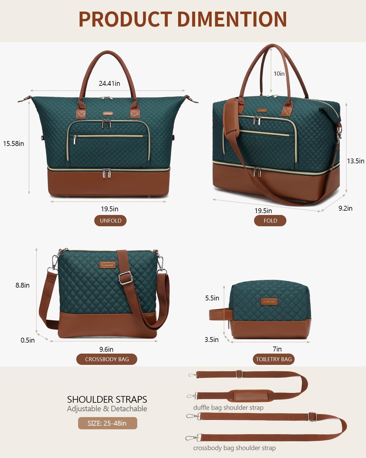 Weekender Bags for Women, Travel Tote Duffle Bag Carry On Overnight Bag with Cosmetics Bag and Crossbody Purse for Gym Hospital, Gifts for Women, Beige Brown