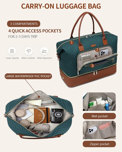 Weekender Bags for Women, Travel Tote Duffle Bag Carry On Overnight Bag with Cosmetics Bag and Crossbody Purse for Gym Hospital, Gifts for Women, Beige Brown